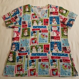 S B Scrubs women's size Small snowman scrub top, uniform EUC